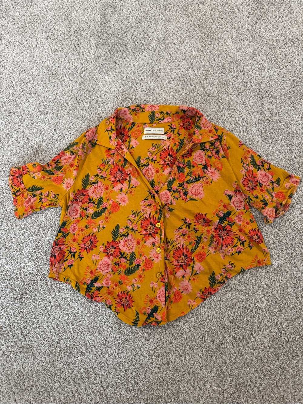 Floral Button-Front Short Sleeve Top - Mustard
